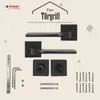 A product image showcasing a black door handle set with various accessories and text overlays. Produktbild-Vorschau