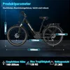 A black electric bicycle is shown with dimensions and specifications overlaid on the image. Produktbild-Vorschau
