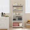 A metal shelving unit filled with kitchen items in a kitchen setting. Podgląd zdjęcia produktu