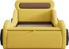 A yellow upholstered bed frame with a brown headrest, shown from the front. Produktbild-Vorschau