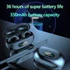 Product shot of wireless earbuds with a charging case, set against a dark background with a graphic representing battery life. Náhled obrázku produktu