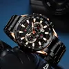 A close-up shot of a black and gold men's watch with a metal band, resting on a dark surface. Produktbild-Vorschau