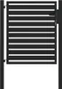 A black metal garden gate with horizontal slats and a latch. Produktbild-Vorschau