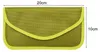 A green pouch with yellow trim is shown against a white background with dimensions indicated. Produktbild-Vorschau