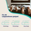 Two people sleeping on a bed, with diagrams illustrating different sleeping positions. Produktbild-Vorschau
