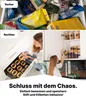 A split image showing a messy kitchen drawer before and an organized kitchen cabinet after using storage jars. The bottom text promotes organization. Produktbild-Vorschau