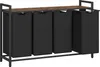 A laundry sorter with four black fabric bins and a wooden top shelf, set against a white background. Náhled obrázku produktu