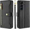 A black leather wallet-style phone case with a zipper and card slots, shown from multiple angles. Produktbild-Vorschau