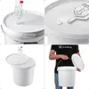 Collage of images showing a white fermentation bucket with a lid and airlock, and a person holding the bucket. Anteprima dell’immagine prodotto