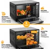 A collage of two images showing a mini oven with different cooking accessories and food items. Produktbild-Vorschau