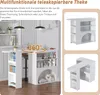 A white multifunctional telescopic bar counter with shelves and a pet area, shown in a kitchen setting and in different configurations. Produktbild-Vorschau