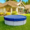 A round swimming pool cover is placed on a pool in a backyard with a house in the background. Produktbild-Vorschau