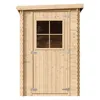 A front view of a wooden garden shed with a window and a door. Produktbild-Vorschau
