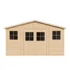 A front view of a wooden garden shed with windows and double doors, isolated on a white background. Náhľad obrázku produktu