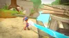 A cartoon dog character in a video game environment, holding a water gun that is spraying water. Produktbild-Vorschau