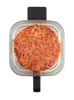 A top-down view of a round pizza in a glass air fryer basket with a black handle. Produktbild-Vorschau
