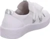A white leather sneaker with silver accents and white ribbon laces is shown from a side-rear angle against a white background. Produktbild-Vorschau