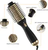 A product shot of a black and gold hair dryer brush with callouts and text labels pointing to its features. Produktbild-Vorschau