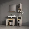A modern bathroom vanity set with a sink, mirror, and storage cabinets against a gray wall. Produktbild-Vorschau
