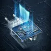 A close-up, stylized view of a USB charger's internal circuitry, with glowing blue lines emanating from it, suggesting advanced technology or protection. Náhled obrázku produktu