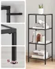A collage of images showcasing a black metal shelving unit with glass shelves, displaying books, headphones, and a potted plant. Close-up shots highlight the unit's construction and adjustable feet. Produktbild-Vorschau