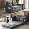 A split image showing a gray sofa in its upright position and then converted into a bed with an ottoman. Produktbild-Vorschau