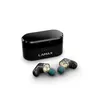 A pair of black wireless earbuds and their charging case are displayed on a white background. Produktbild-Vorschau