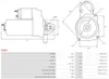 Technical drawing and specification table for a starter motor. Náhľad obrázku produktu