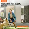 A man and two dogs playing in a backyard with a glass sliding door pet door installed. Voir les images du produit