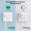 A split image showing a charging test comparison between a 120W charger and another charger for a Xiaomi mobile phone. Produktbild-Vorschau