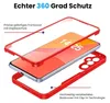 An exploded view of a red phone case with a clear front cover and a red back cover, showing how it protects a smartphone. Produktbild-Vorschau