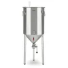 A stainless steel fermentation vessel with a conical bottom, supported by a metal stand, and equipped with a thermometer and an airlock. Produktbild-Vorschau