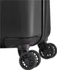 A close-up view of the bottom corner of a black suitcase, showing its wheels and textured surface. Produktbild-Vorschau