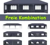 A collage of different configurations of a dark gray party tent. Produktbild-Vorschau