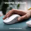 A hand is using a white wireless mouse on a teal desk. The background is blurred green foliage. Anteprima dell’immagine prodotto