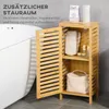 A wooden bathroom cabinet with a slatted door is shown next to a bathtub, with various bathroom items inside and on top. Náhled obrázku produktu