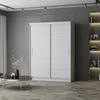 A white sliding door wardrobe is shown in a modern room with a grey wall and wooden floor. A bookshelf with lights is visible on the right. Náhľad obrázku produktu