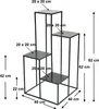 A black metal plant stand with four tiers of varying heights, with dimensions labeled. Produktbild-Vorschau