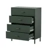 A dark green dresser with four drawers is shown against a white background. Three of the drawers are partially open, revealing the drawer slides. Podgląd zdjęcia produktu