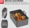 A marketing image showing silicone liners for an air fryer, with a roasted chicken inside one of the liners. Produktbild-Vorschau