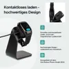 A smartwatch is shown on a charging stand, with accompanying text and icons highlighting its features. Produktbild-Vorschau