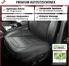 A close-up view of a car seat cover with marketing text and a quality seal overlay. Produktbild-Vorschau