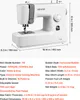 A white and gray sewing machine with dimensions and specifications displayed. Voir les images du produit