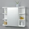 A white bathroom wall cabinet with a mirror and shelves, decorated with a vase and bottles. Produktbild-Vorschau