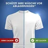 A split image of a white t-shirt, one half showing residue and the other half clean, with text overlays indicating the product's benefit. Produktbild-Vorschau