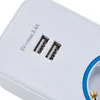A close-up view of a white power strip with two USB ports and text indicating its specifications. Produktbild-Vorschau