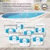 A collection of Fresh-Pool water care products displayed in front of a blurred swimming pool. Produktbild-Vorschau