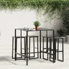 An outdoor patio scene with a black bar table and four stools, set against a white wall with hanging greenery. Produktbild-Vorschau