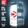 A product shot of a Dymatize ISO 100 Hydrolyzed protein powder container with nutritional information displayed. Produktbild-Vorschau