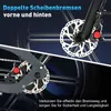 Close-up view of bicycle disc brakes, front and rear, with descriptive text. Produktbild-Vorschau
